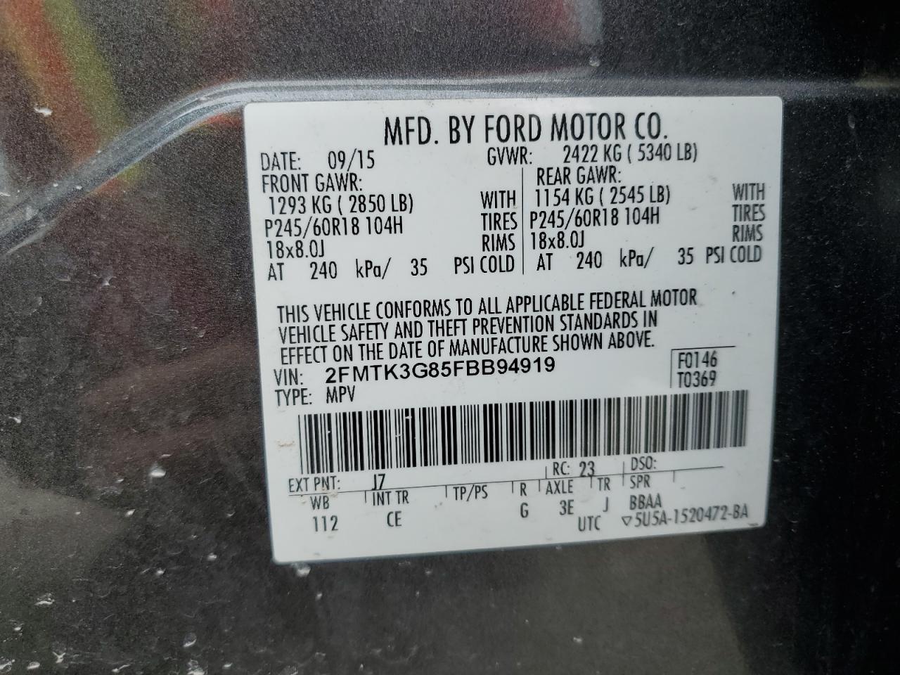 2FMTK3G85FBB94919 2015 Ford Edge Se