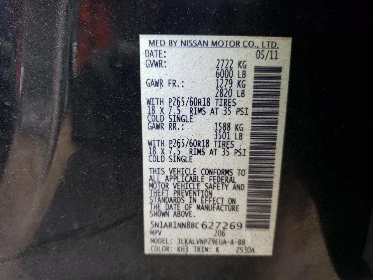 5N1AR1NN8BC627269 2011 Nissan Pathfinder S