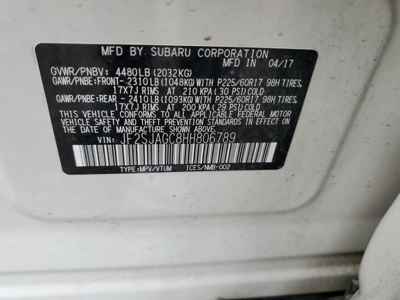 JF2SJAGC8HH806789 2017 Subaru Forester 2.5I Premium