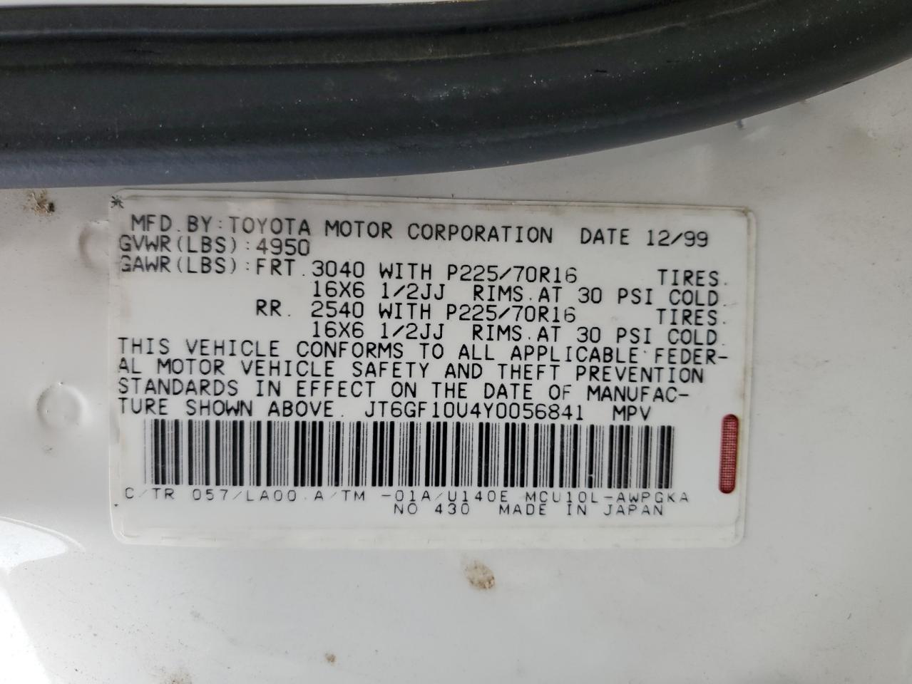 JT6GF10U4Y0056841 2000 Lexus Rx 300