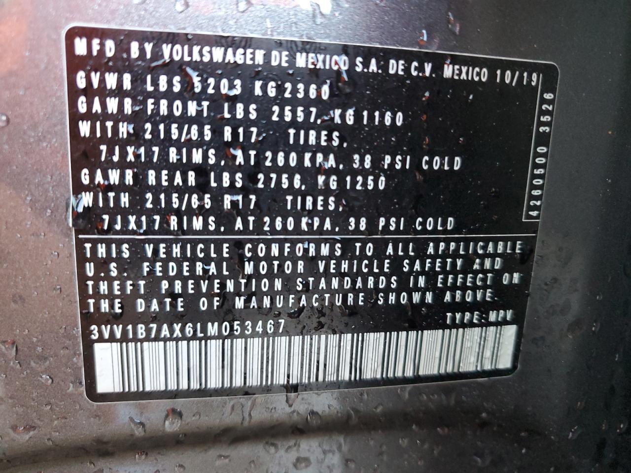 3VV1B7AX6LM053467 2020 Volkswagen Tiguan S