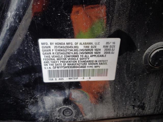 2016 Honda Pilot Touring VIN: 5FNYF5H93GB043468 Lot: 61367384