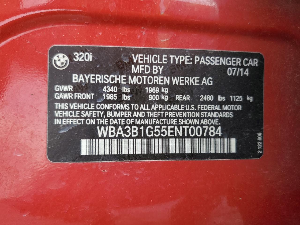 WBA3B1G55ENT00784 2014 BMW 320 I