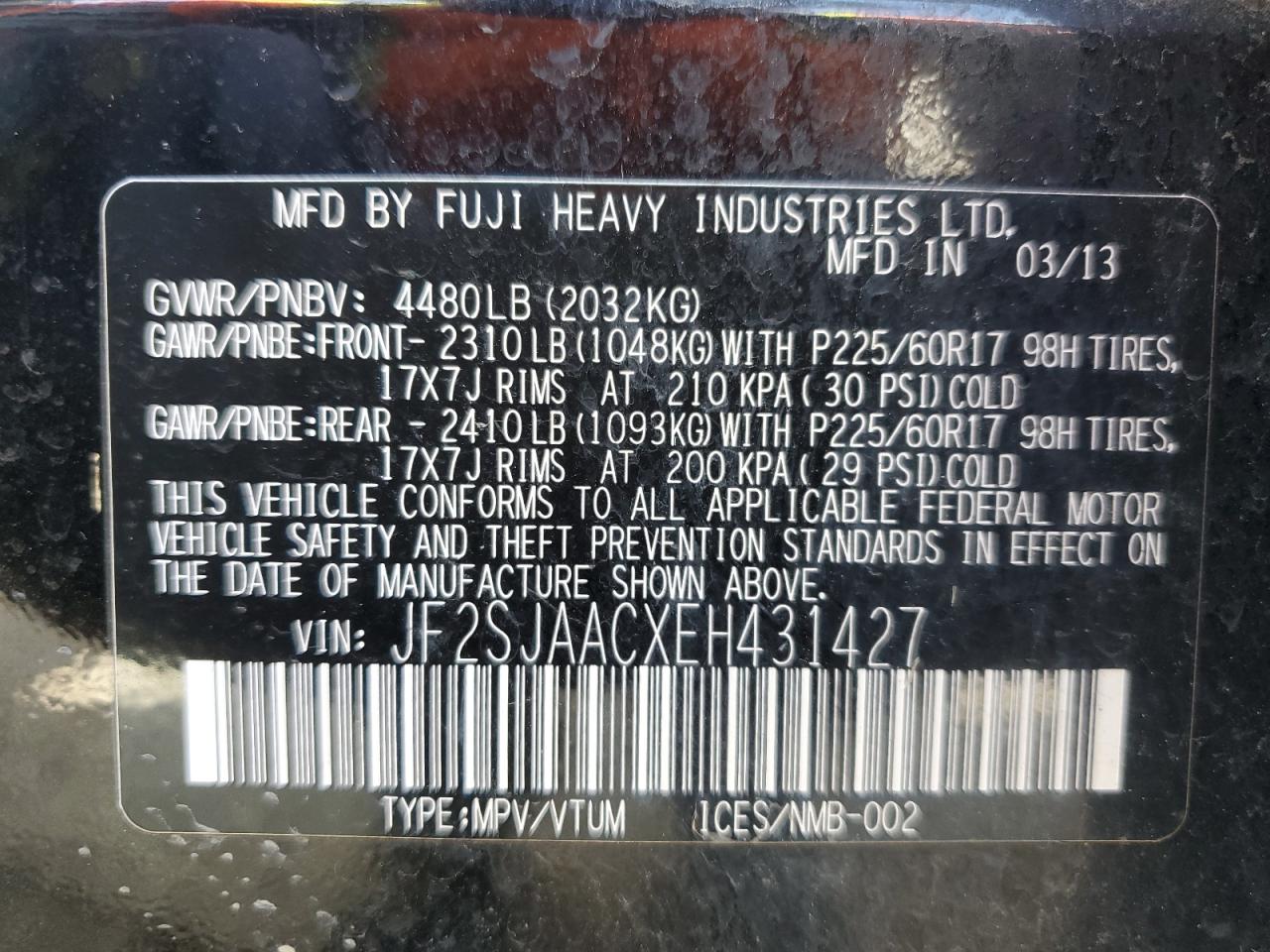 JF2SJAACXEH431427 2014 Subaru Forester 2.5I