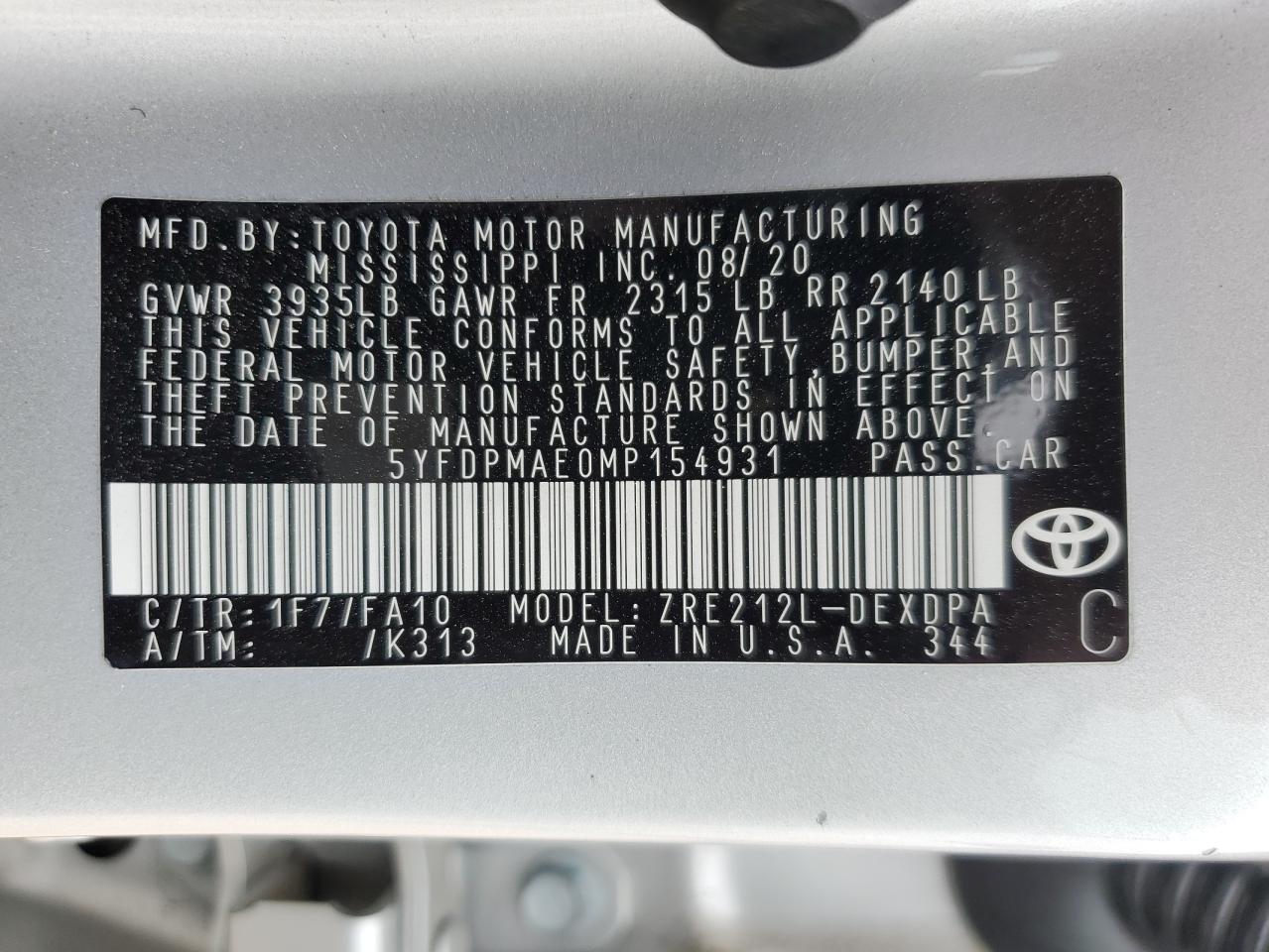 5YFDPMAE0MP154931 2021 Toyota Corolla L