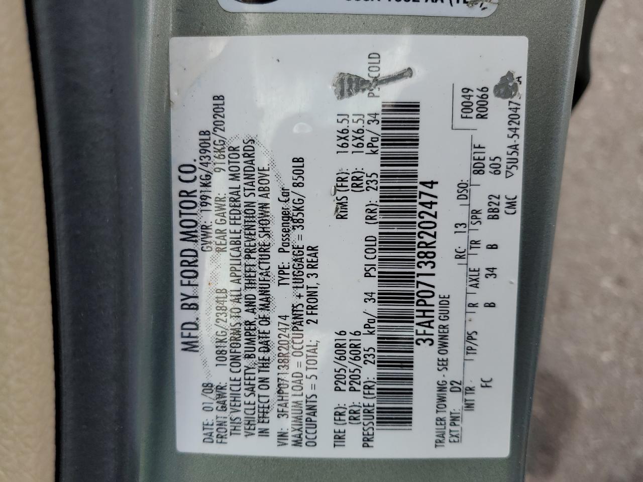 3FAHP07138R202474 2008 Ford Fusion Se