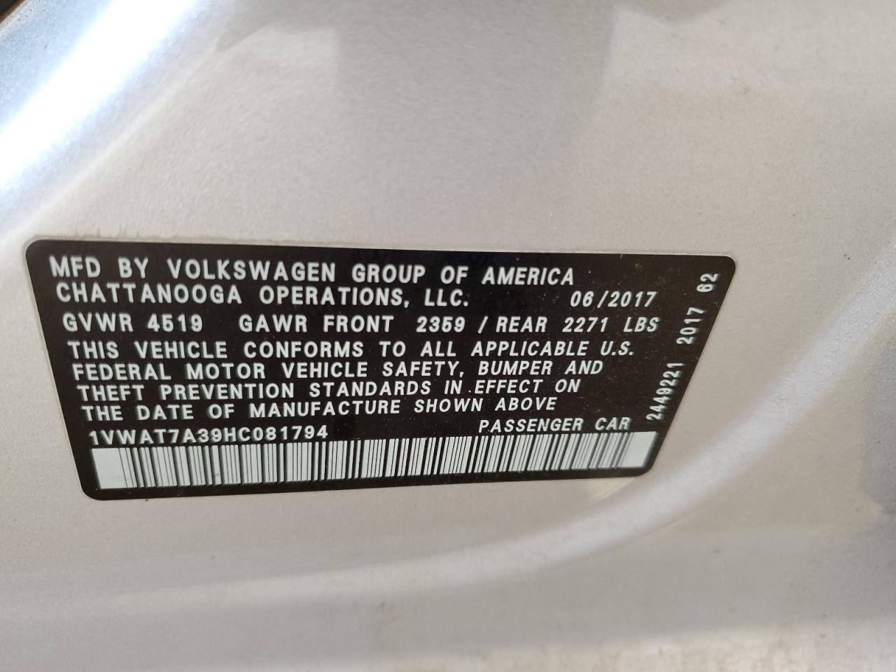 1VWAT7A39HC081794 2017 Volkswagen Passat S
