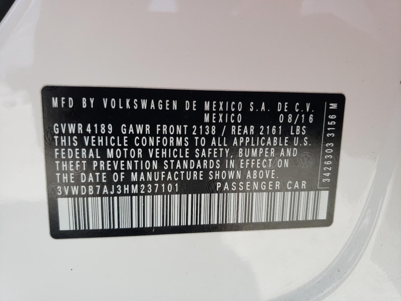 3VWDB7AJ3HM237101 2017 Volkswagen Jetta Se