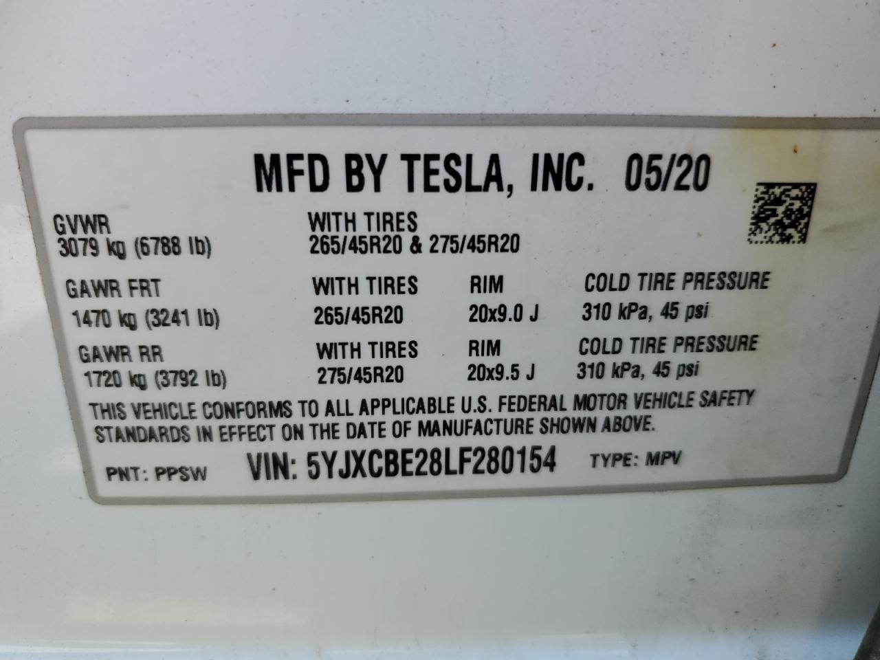 5YJXCBE28LF280154 2020 Tesla Model X