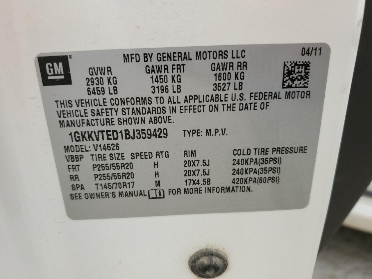 1GKKVTED1BJ359429 2011 GMC Acadia Denali
