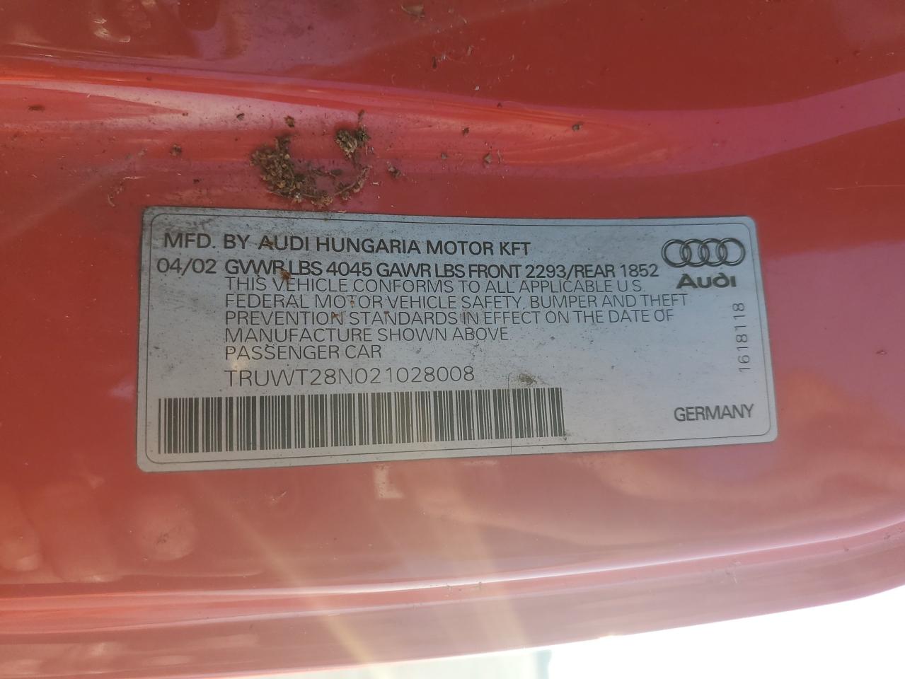 truwt28n021028008 TRUWT28N021028008 2002 Audi Tt Quattro