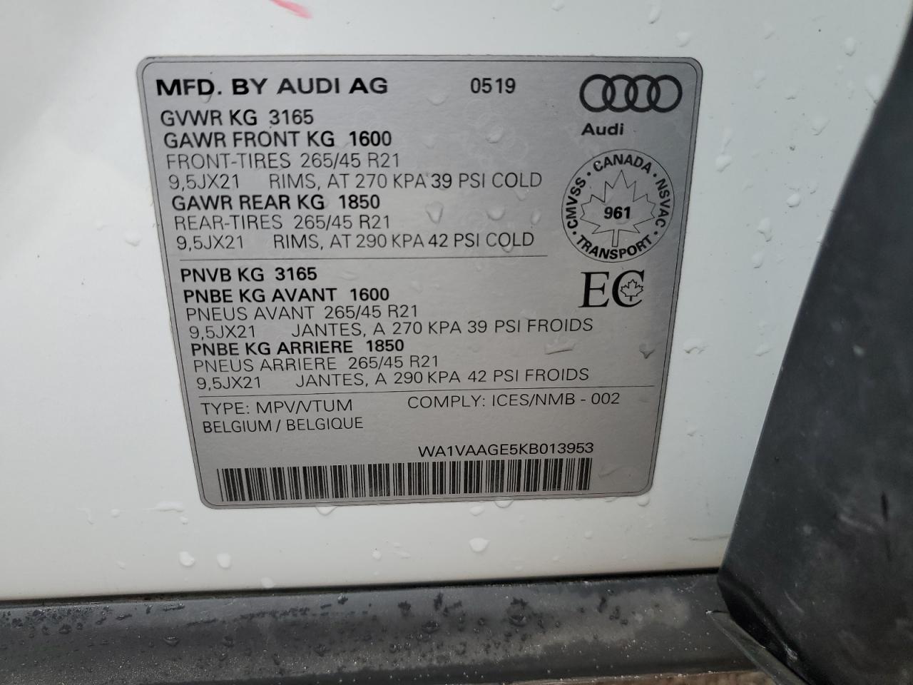 WA1VAAGE5KB013953 2019 Audi E-Tron Prestige