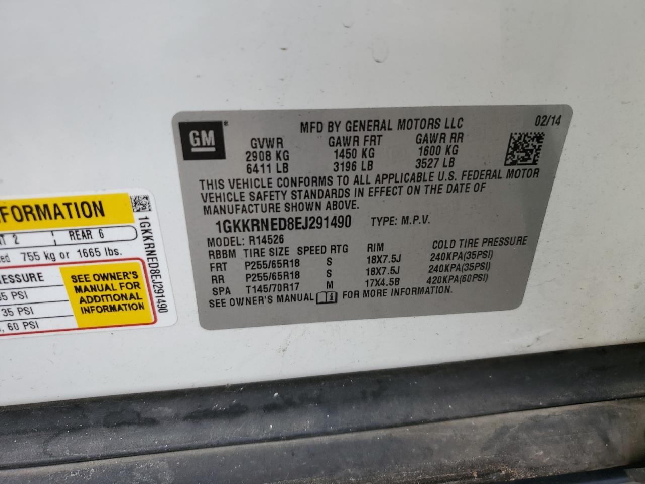 1GKKRNED8EJ291490 2014 GMC Acadia Sle