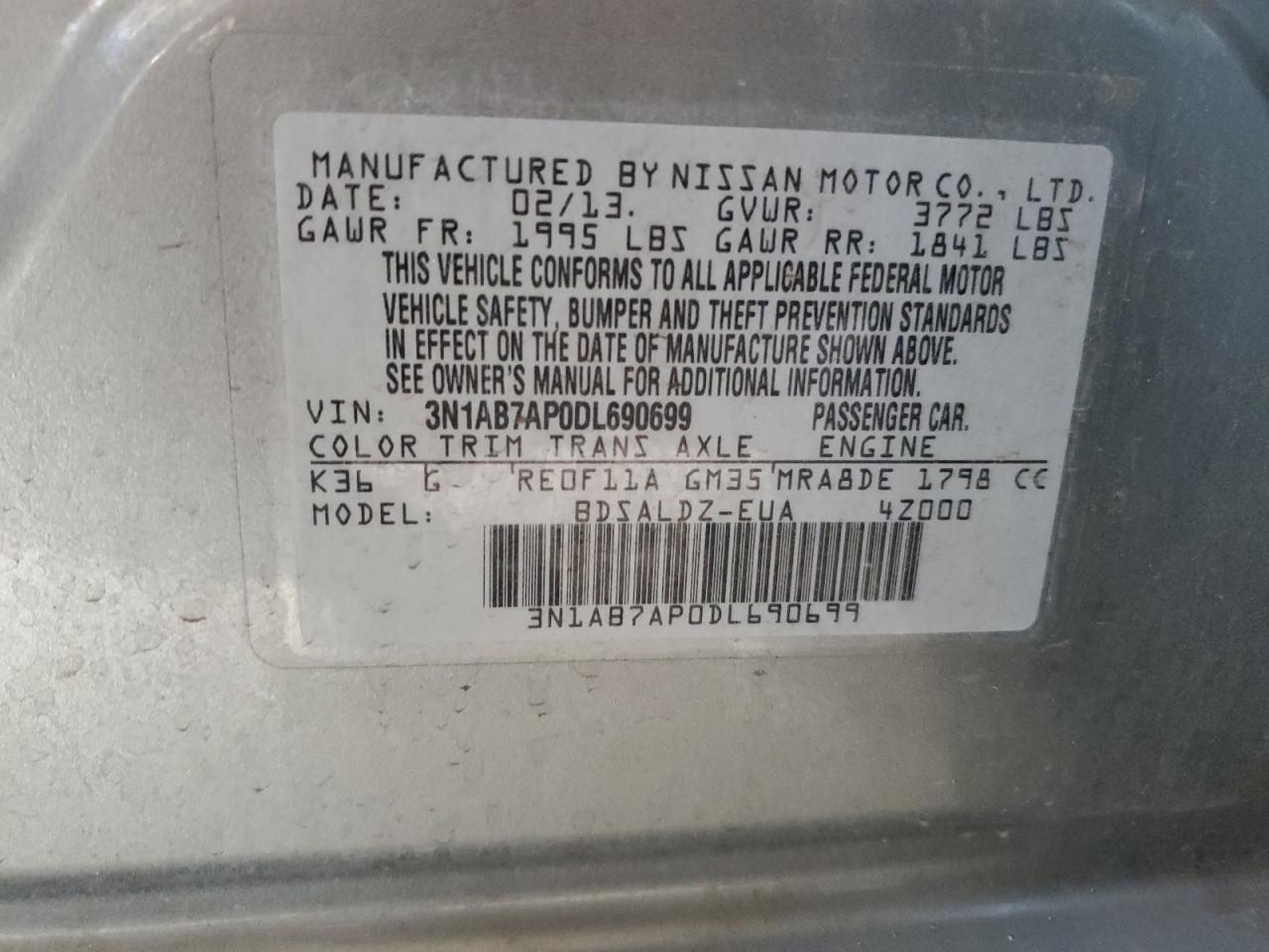 3N1AB7AP0DL690699 2013 Nissan Sentra S