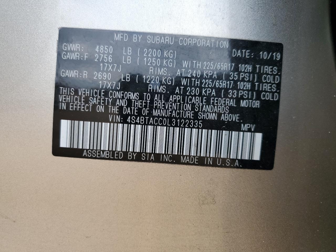 4S4BTACC0L3122335 2020 Subaru Outback Premium