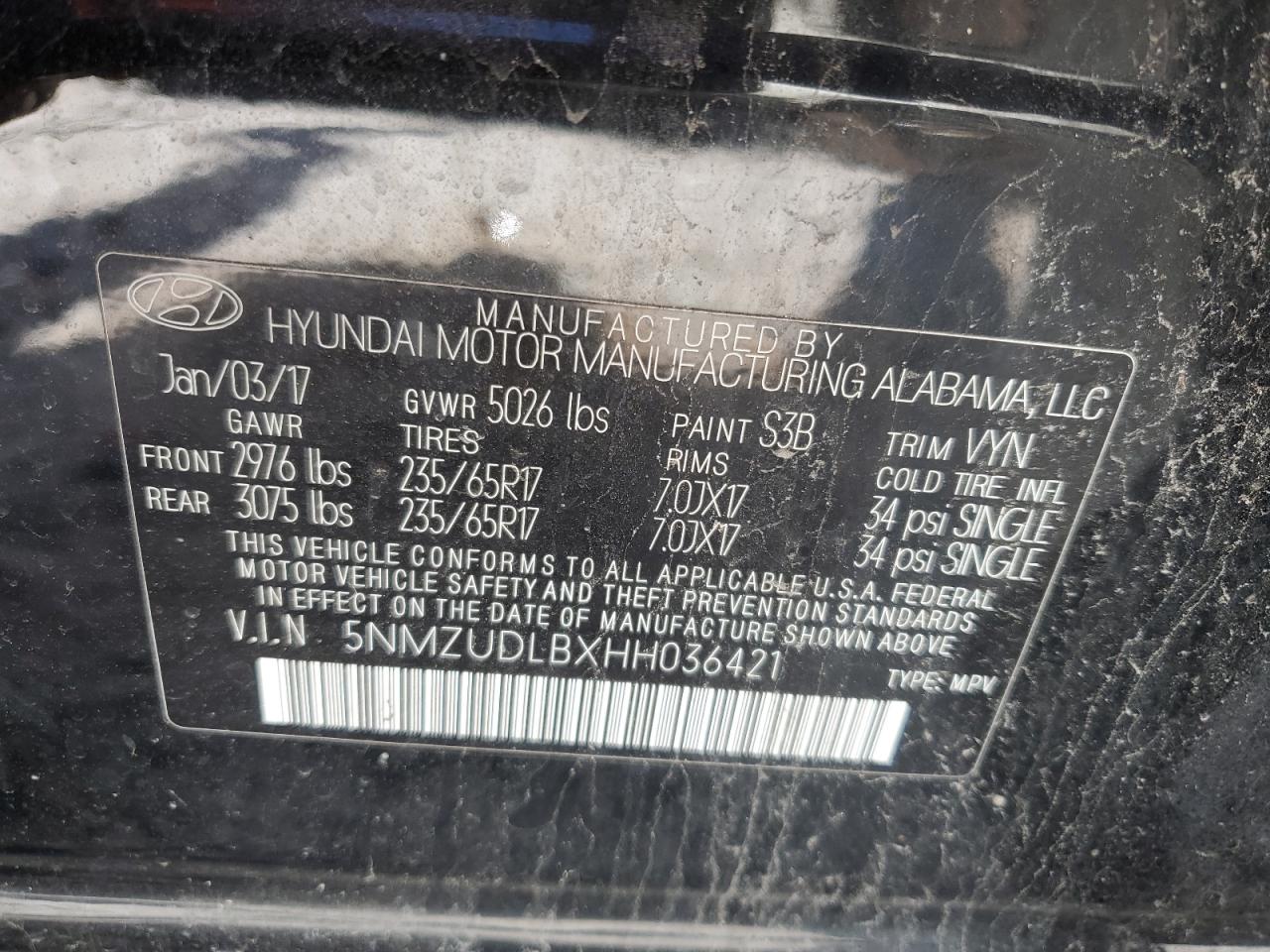 5NMZUDLBXHH036421 2017 Hyundai Santa Fe Sport