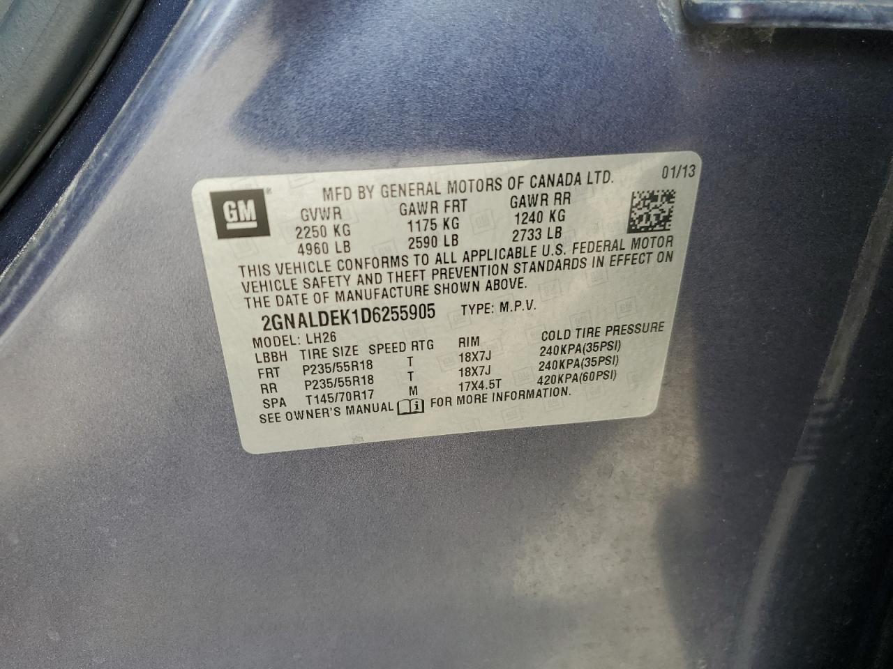 2GNALDEK1D6255905 2013 Chevrolet Equinox Lt