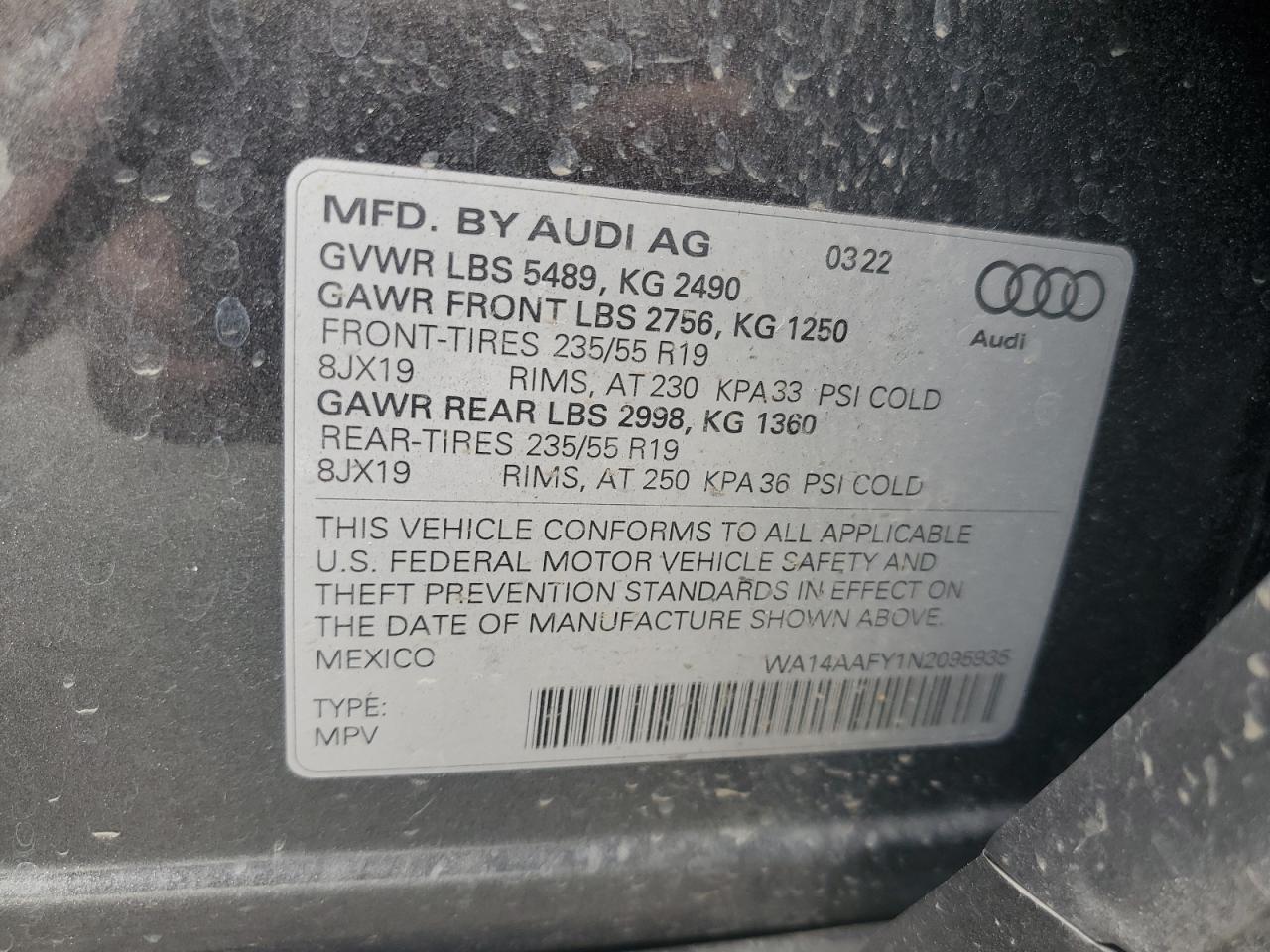 WA14AAFY1N2095935 2022 Audi Q5 Sportback Premium 45