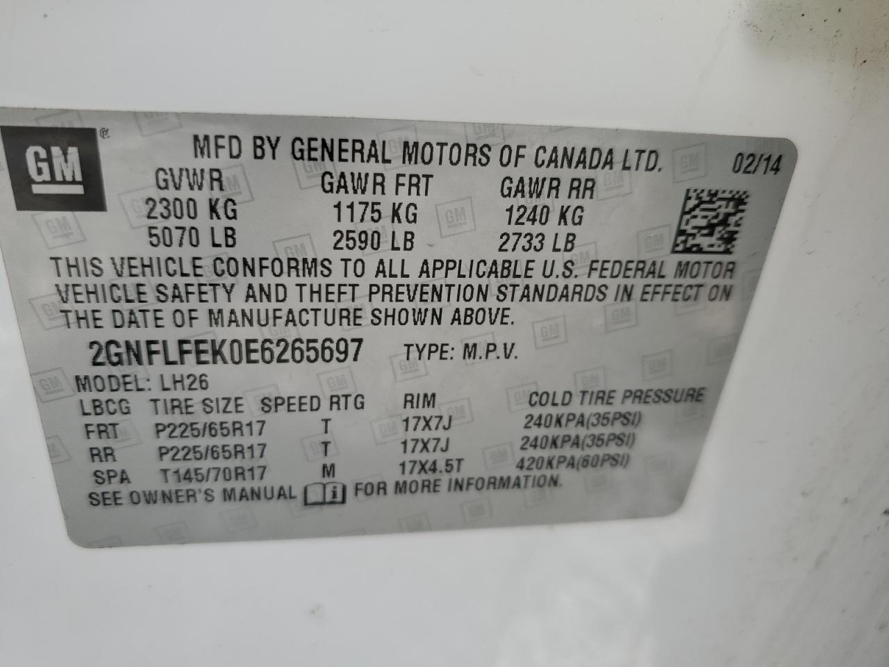 2GNFLFEK0E6265697 2014 Chevrolet Equinox Lt