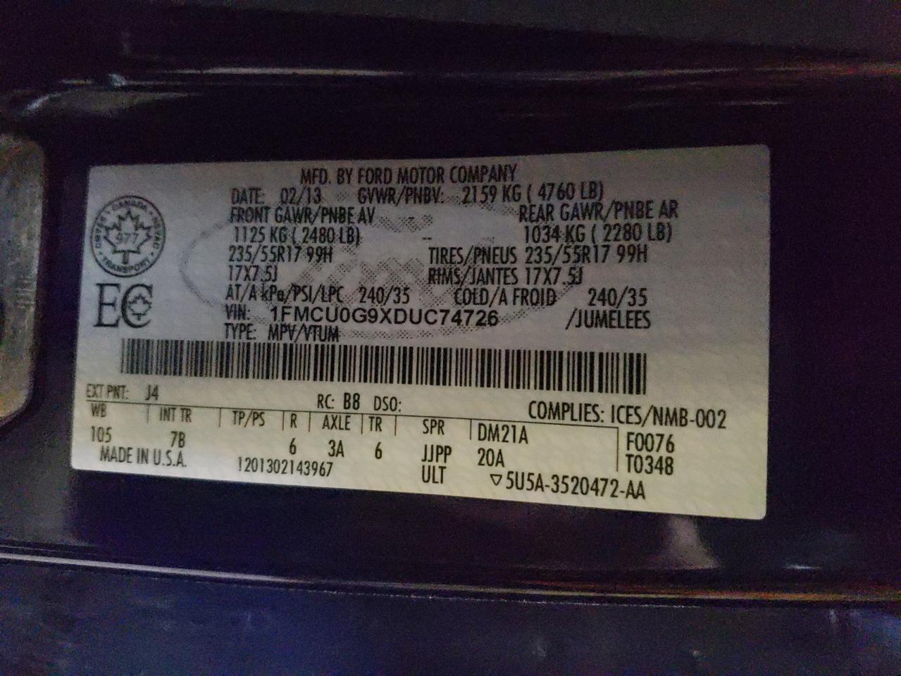 1FMCU0G9XDUC74726 2013 Ford Escape Se