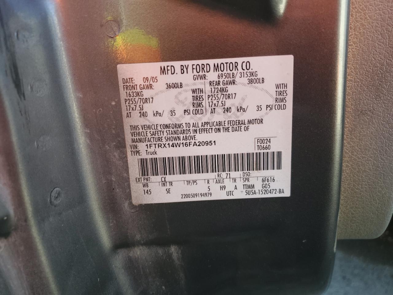 1FTRX14W16FA20951 2006 Ford F150