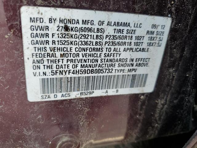 2013 Honda Pilot Exl VIN: 5FNYF4H59DB005732 Lot: 50248124