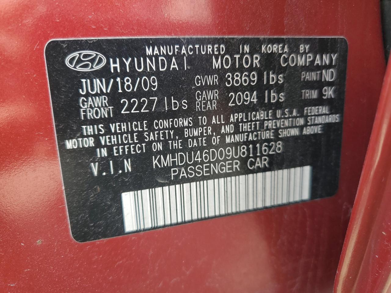 KMHDU46D09U811628 2009 Hyundai Elantra Gls