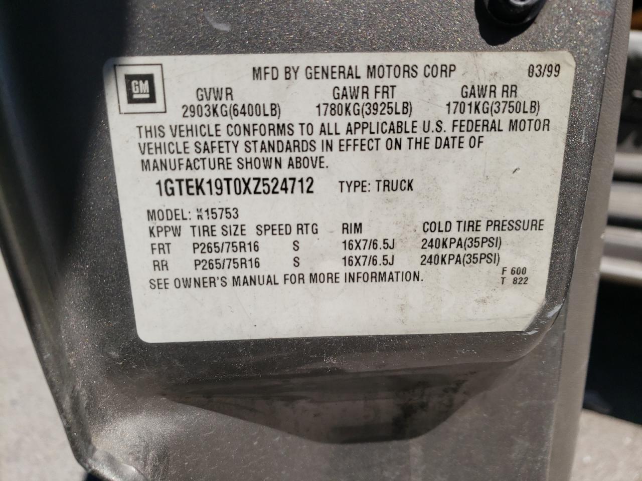 1GTEK19T0XZ524712 1999 GMC New Sierra K1500