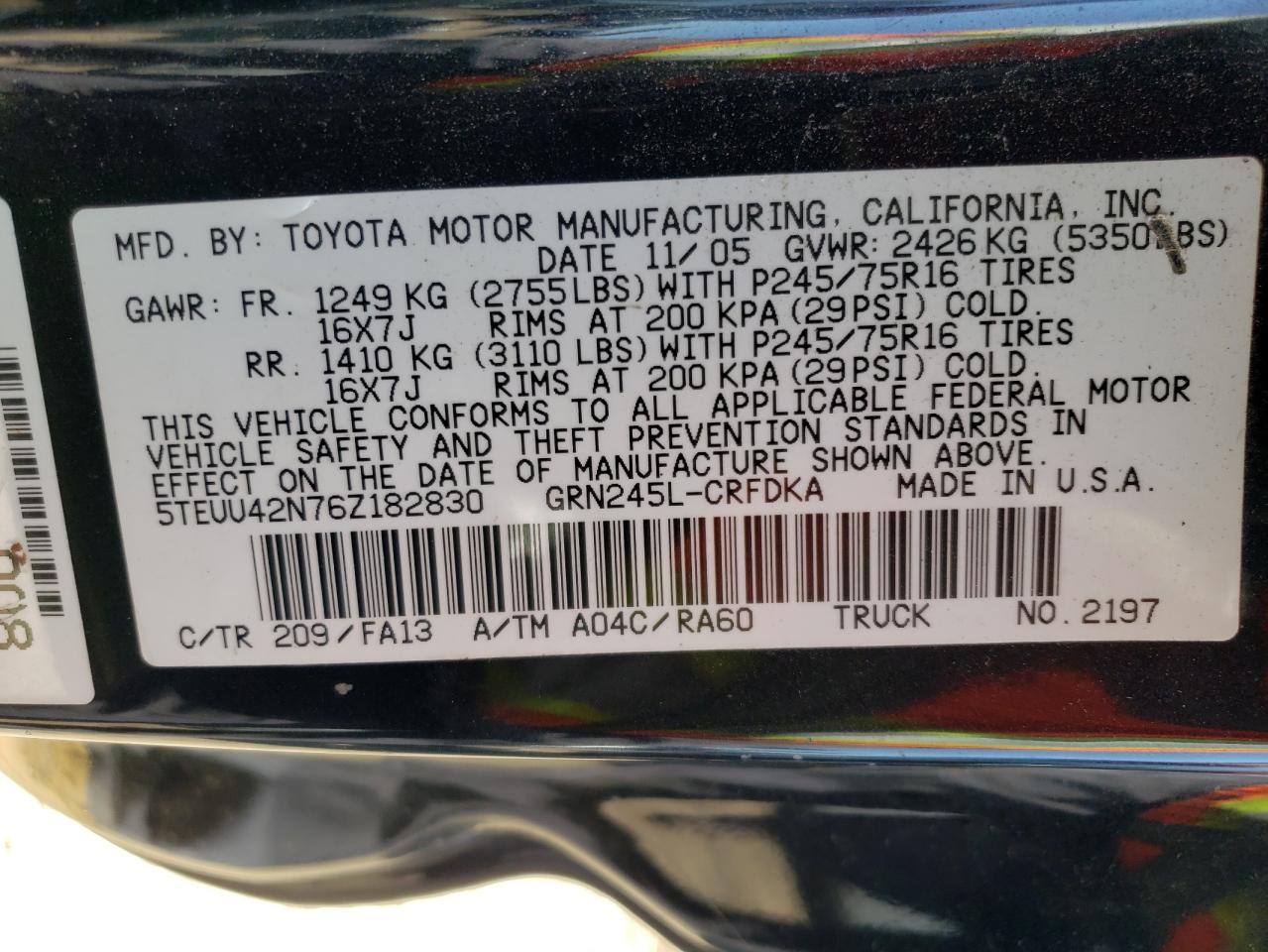 5TEUU42N76Z182830 2006 Toyota Tacoma Access Cab