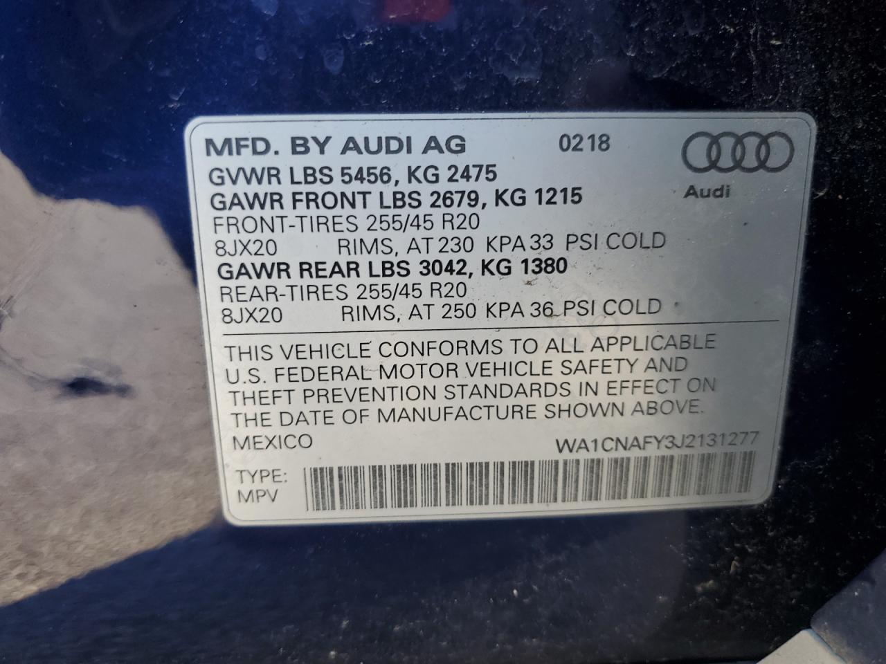 WA1CNAFY3J2131277 2018 Audi Q5 Prestige