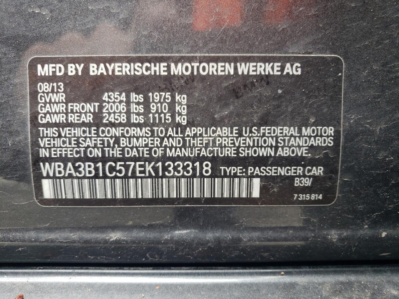 WBA3B1C57EK133318 2014 BMW 320 I