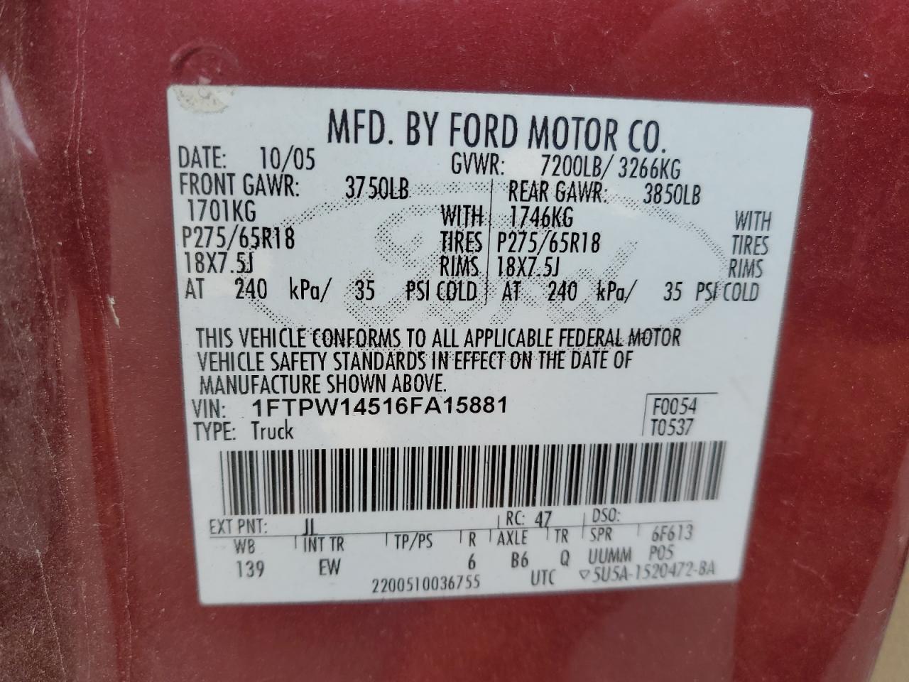 1FTPW14516FA15881 2006 Ford F150 Supercrew