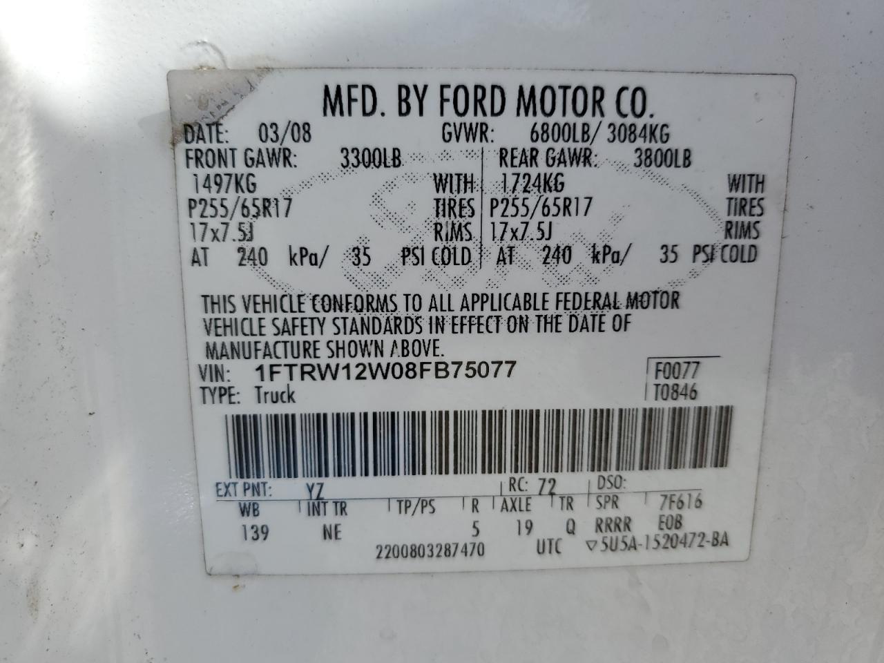 1FTRW12W08FB75077 2008 Ford F150 Supercrew