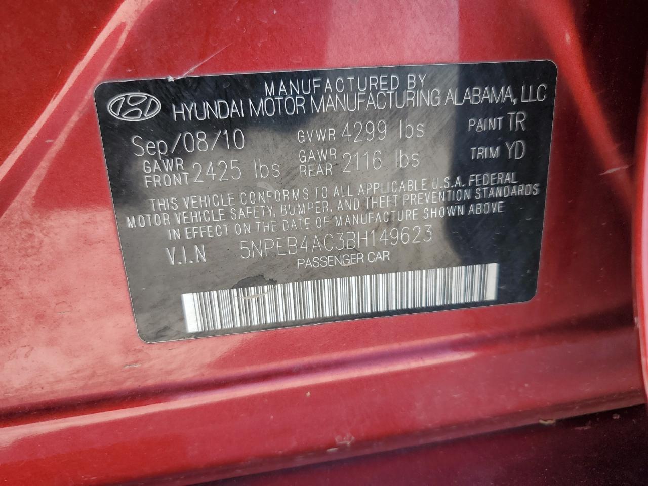 5NPEB4AC3BH149623 2011 Hyundai Sonata Gls