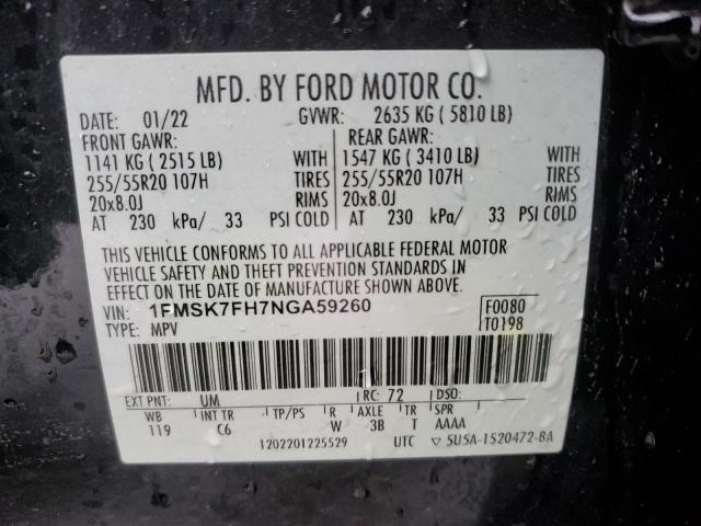 2022 Ford Explorer Limited VIN: 1FMSK7FH7NGA59260 Lot: 49712844