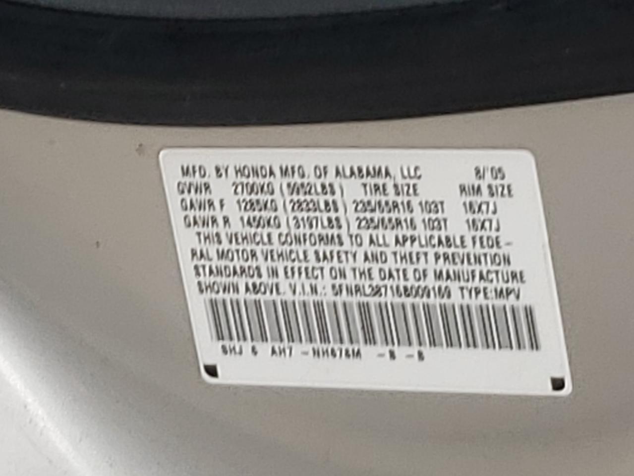 5FNRL38716B009169 2006 Honda Odyssey Exl