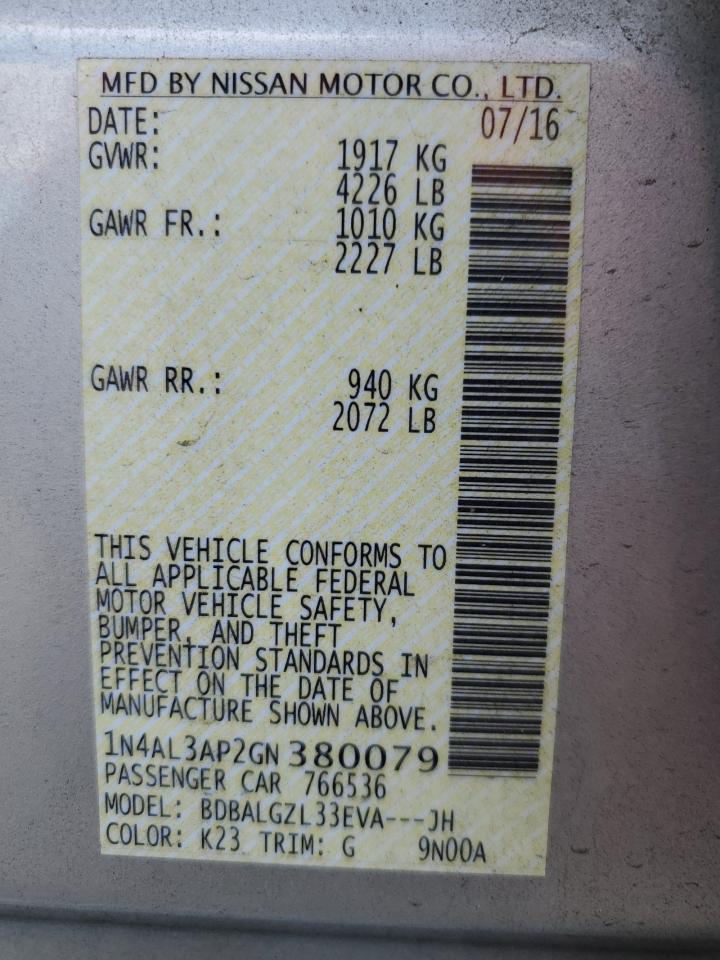 2016 Nissan Altima 2.5 vin: 1N4AL3AP2GN380079