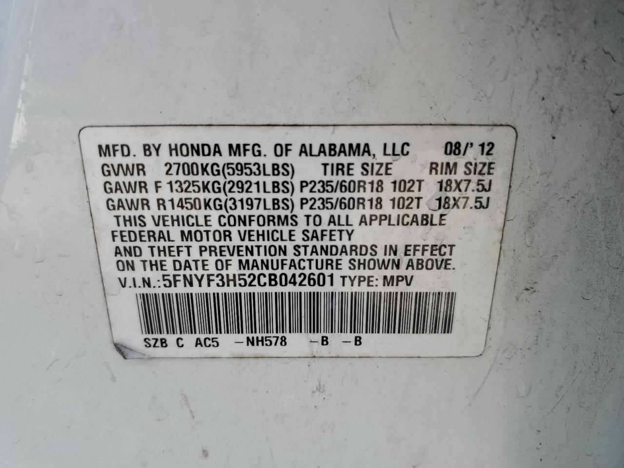 5FNYF3H52CB042601 2012 Honda Pilot Exl