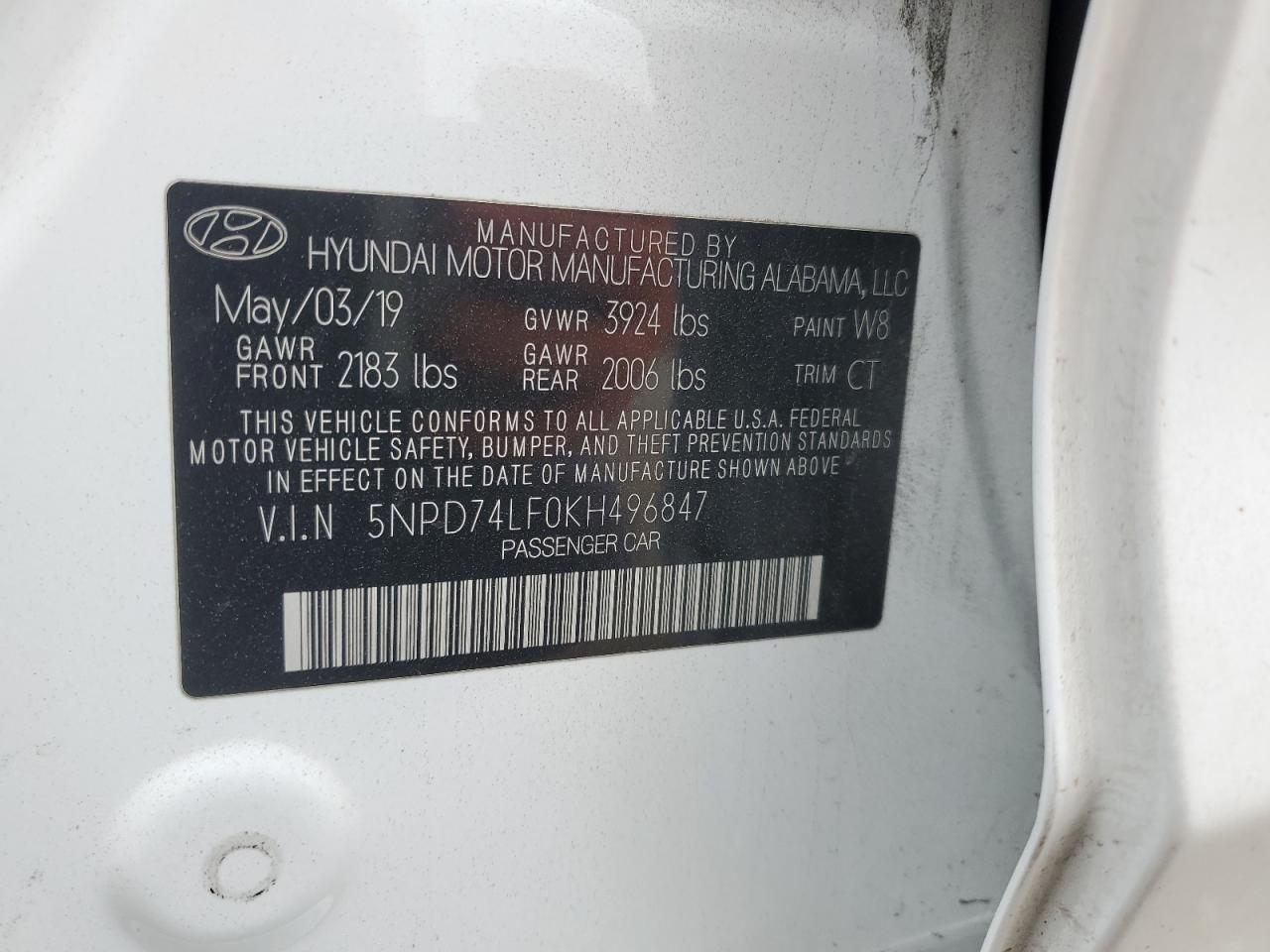 5NPD74LF0KH496847 2019 Hyundai Elantra Se