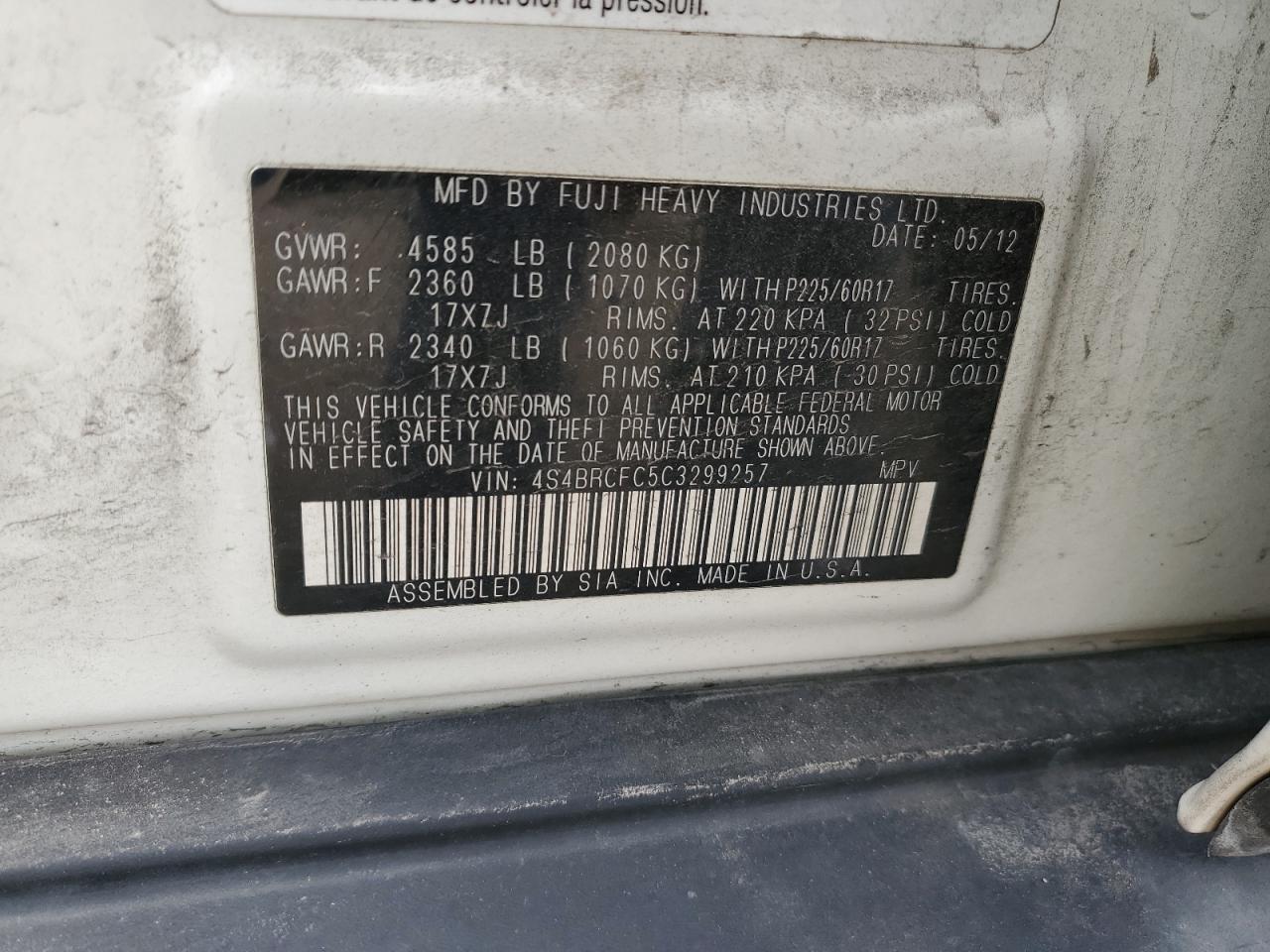 4S4BRCFC5C3299257 2012 Subaru Outback 2.5I Premium