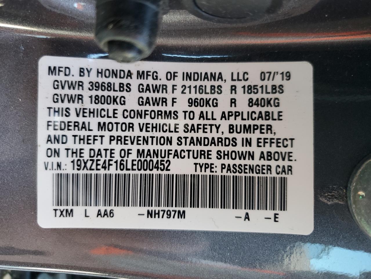 19XZE4F16LE000452 2020 Honda Insight Lx