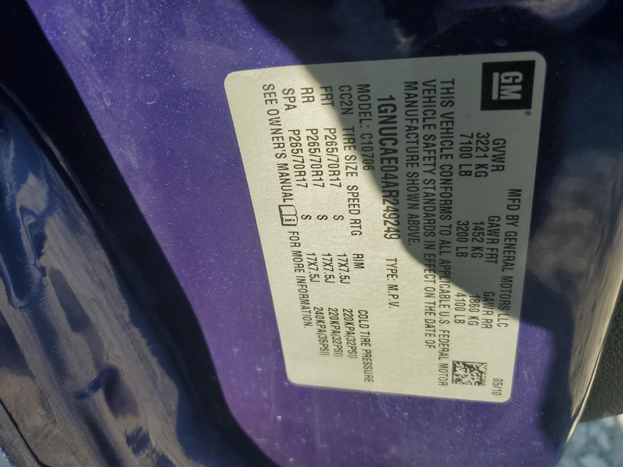 1GNUCAE04AR249249 2010 Chevrolet Tahoe C1500 Ls