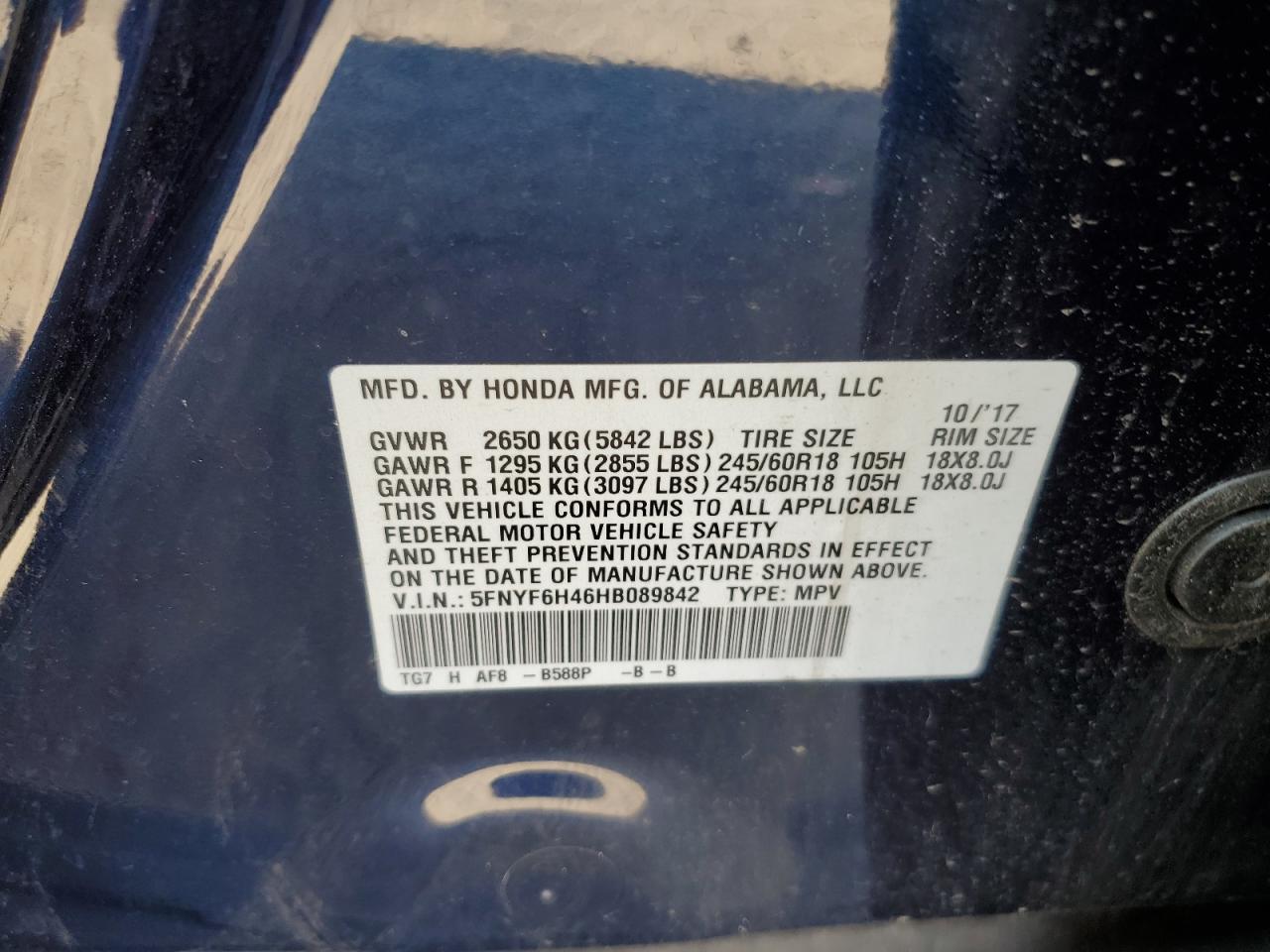 5FNYF6H46HB089842 2017 Honda Pilot Ex