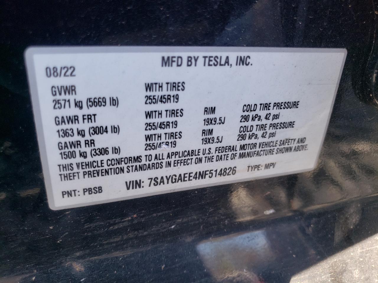 7SAYGAEE4NF514826 2022 Tesla Model Y