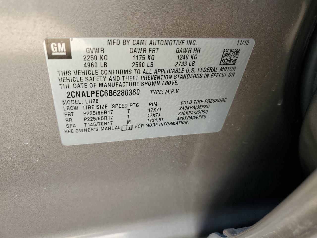 2CNALPEC6B6280360 2011 Chevrolet Equinox Lt