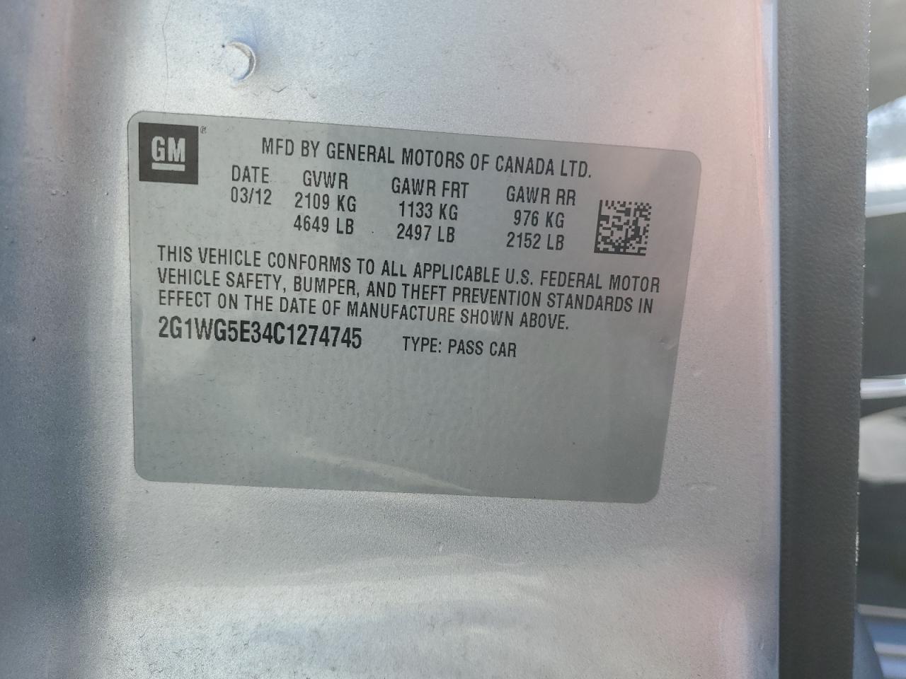 2G1WG5E34C1274745 2012 Chevrolet Impala Lt