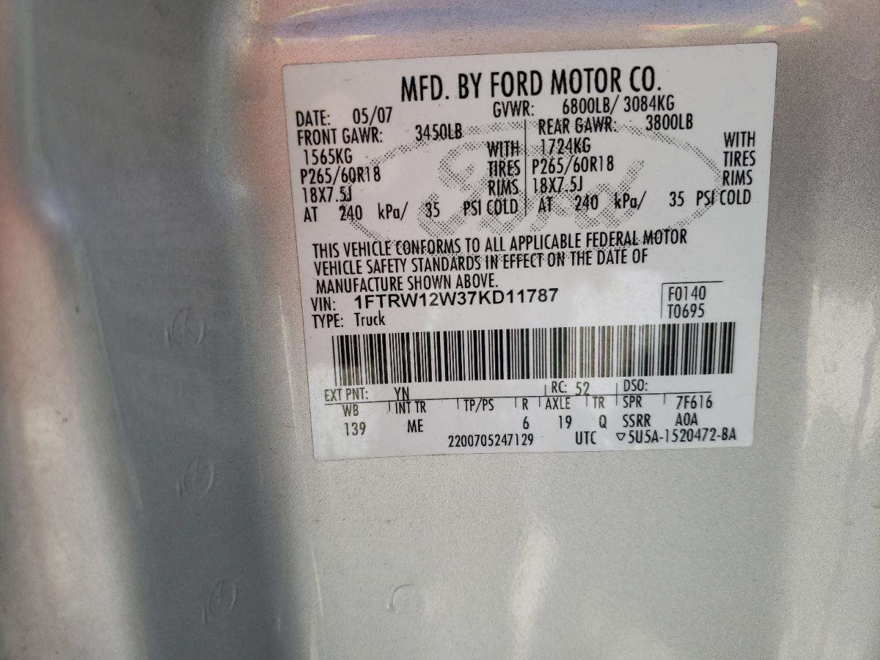 1FTRW12W37KD11787 2007 Ford F150 Supercrew