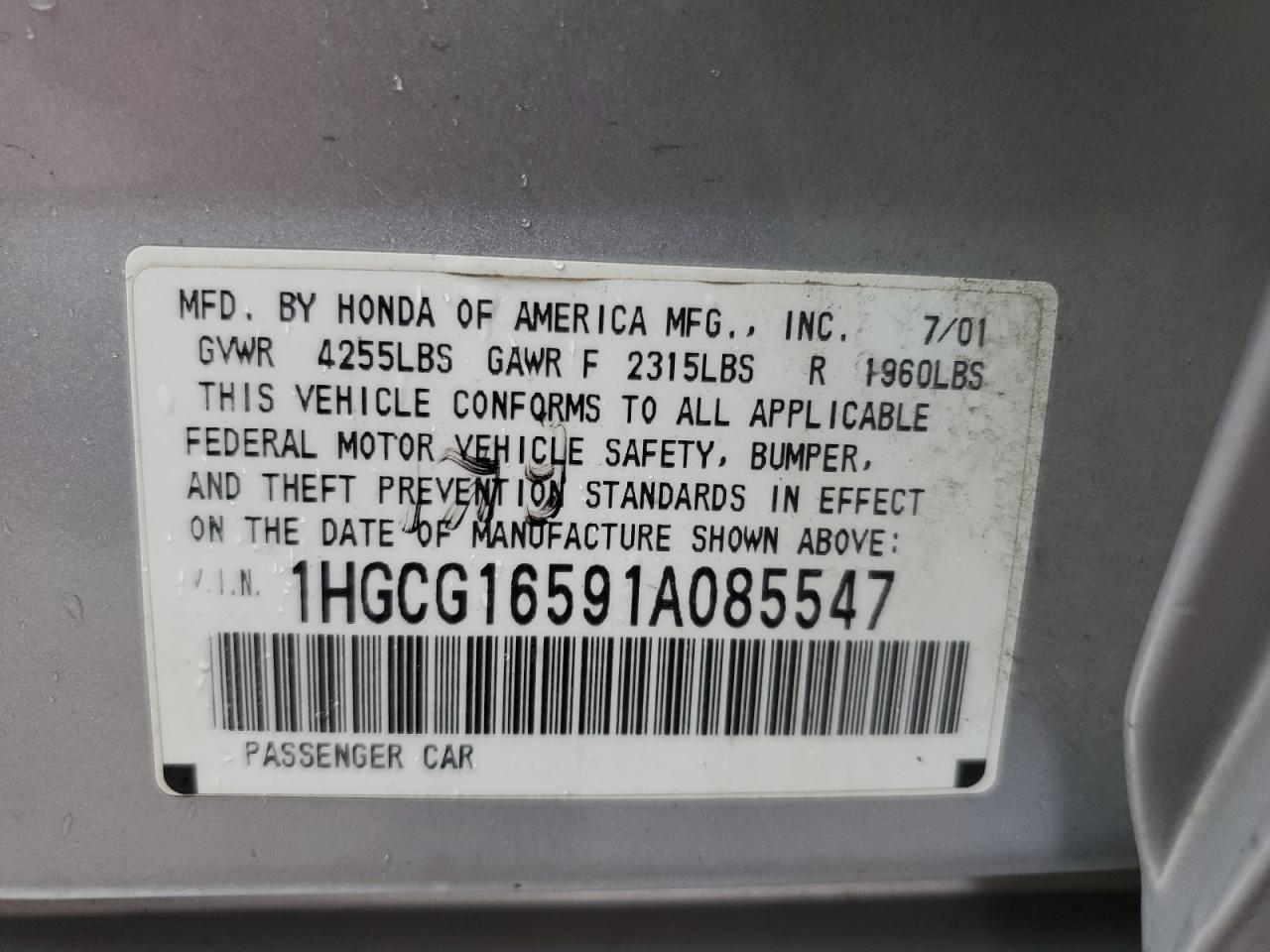 1HGCG16591A085547 2001 Honda Accord Ex