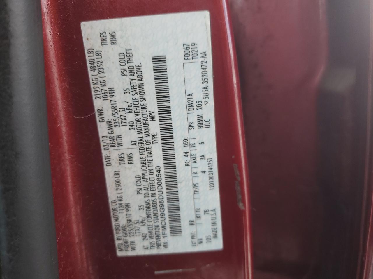 1FMCU9G98DUD08540 2013 Ford Escape Se