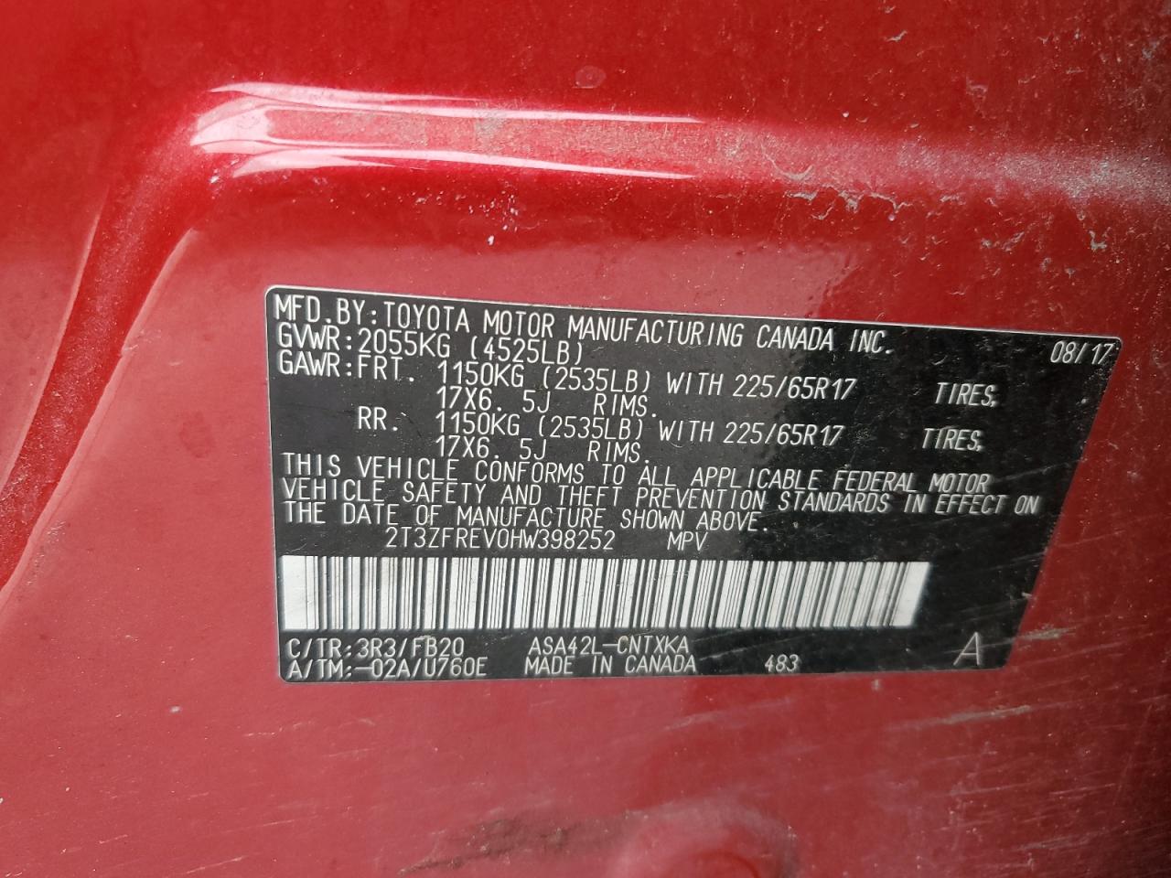 2T3ZFREV0HW398252 2017 Toyota Rav4 Le